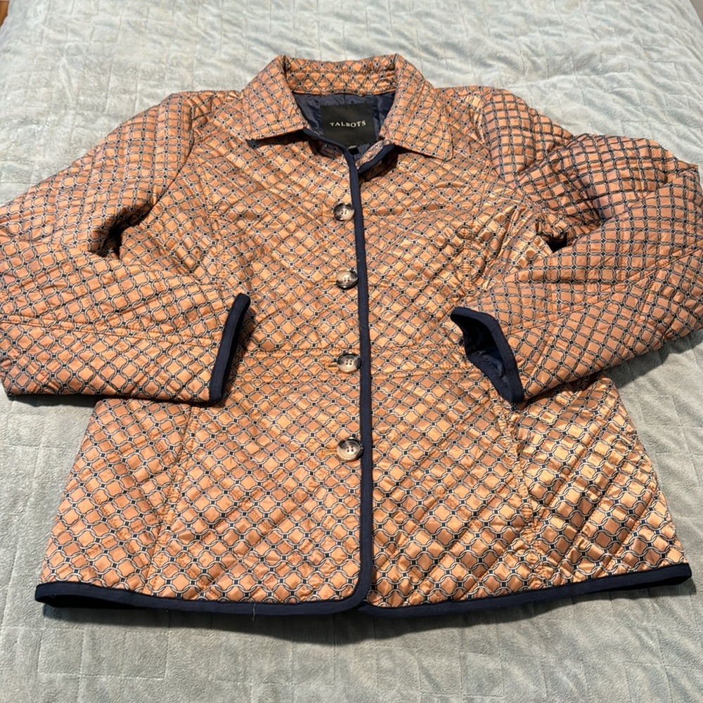 Talbots Quilted Jacket, Tan, Gold, Navy Blue, Geo Ring Pattern, Size M